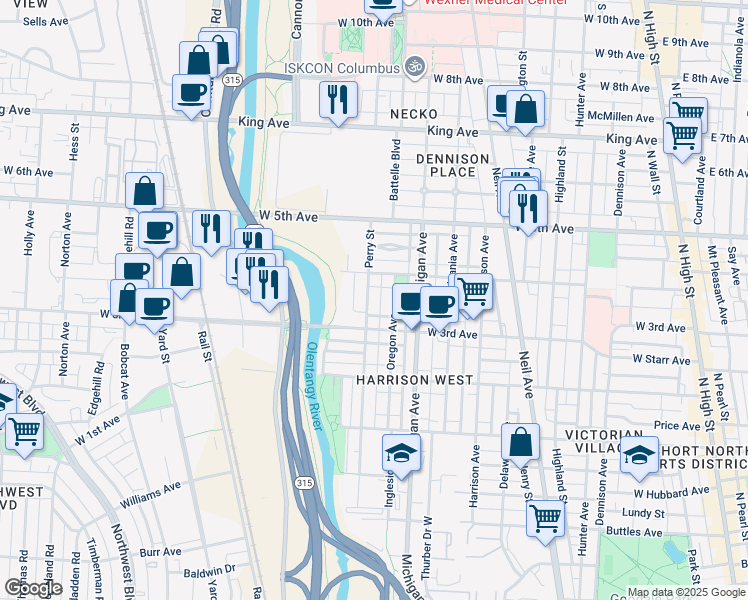 map of restaurants, bars, coffee shops, grocery stores, and more near 495 West 4th Avenue in Columbus