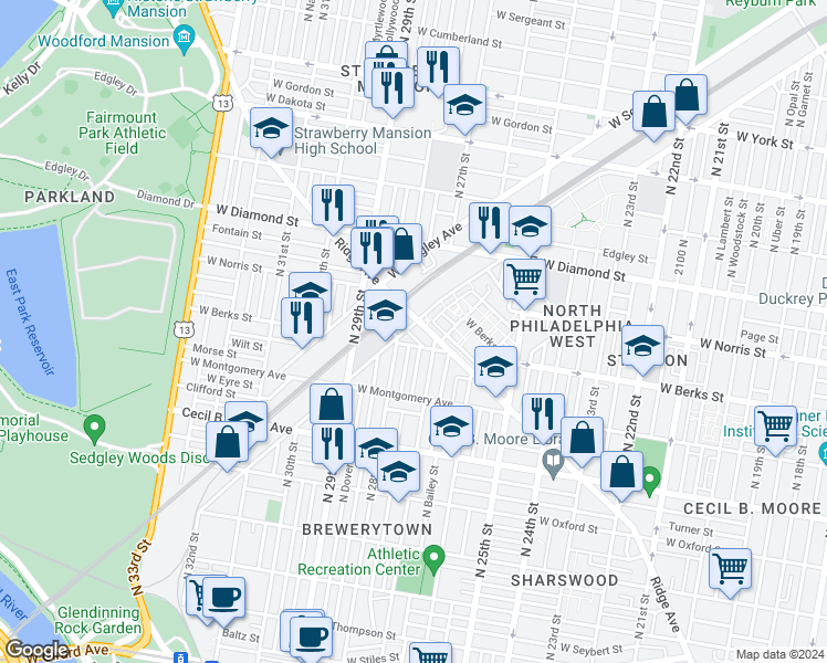 map of restaurants, bars, coffee shops, grocery stores, and more near 2728 West Glenwood Avenue in Philadelphia