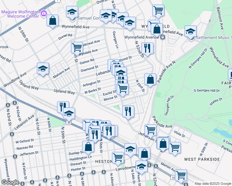 map of restaurants, bars, coffee shops, grocery stores, and more near 5408 Euclid Street in Philadelphia