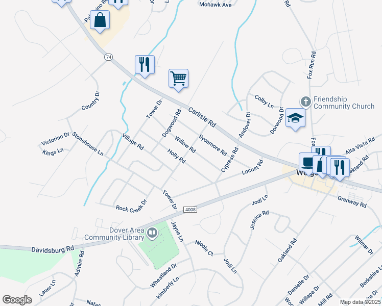 map of restaurants, bars, coffee shops, grocery stores, and more near 3480 Willow Road in Dover
