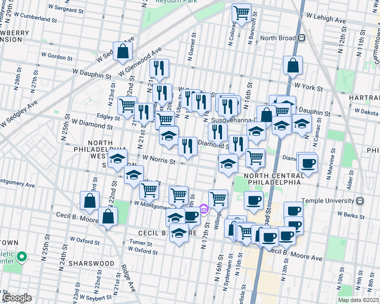 map of restaurants, bars, coffee shops, grocery stores, and more near 2035 North Gratz Street in Philadelphia