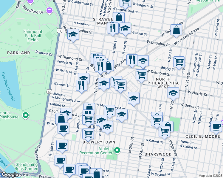 map of restaurants, bars, coffee shops, grocery stores, and more near 2728 West Glenwood Avenue in Philadelphia