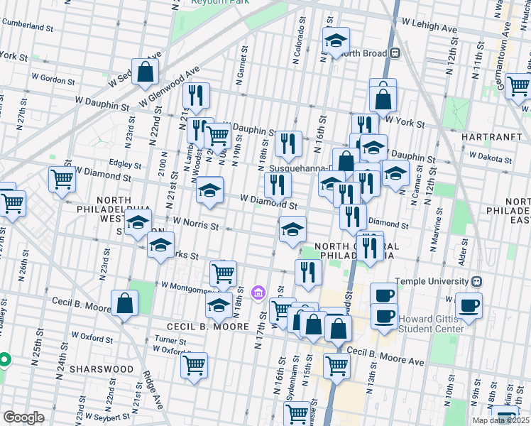 map of restaurants, bars, coffee shops, grocery stores, and more near 1729 Fontain Street in Philadelphia