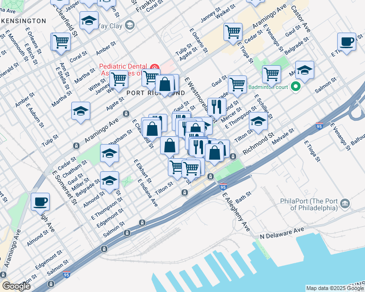 map of restaurants, bars, coffee shops, grocery stores, and more near 3188 Mercer Street in Philadelphia