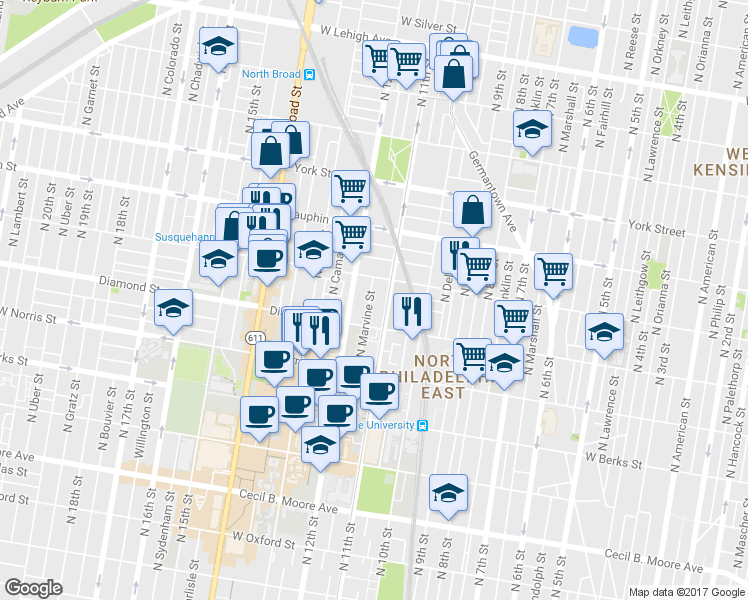 map of restaurants, bars, coffee shops, grocery stores, and more near 2125 North Marvine Street in Philadelphia