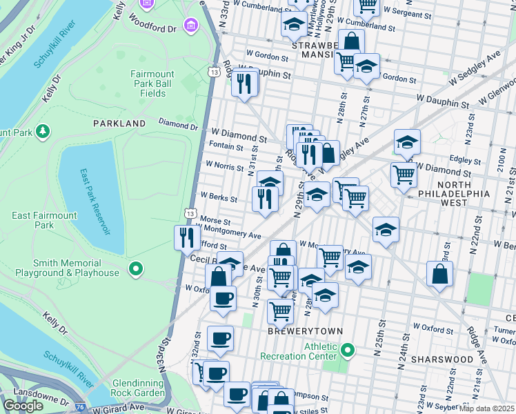 map of restaurants, bars, coffee shops, grocery stores, and more near 3028 West Berks Street in Philadelphia
