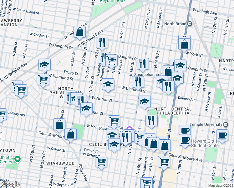 map of restaurants, bars, coffee shops, grocery stores, and more near 2031 North 19th Street in Philadelphia