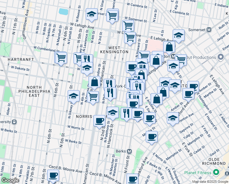 map of restaurants, bars, coffee shops, grocery stores, and more near 2261 North Palethorp Street in Philadelphia