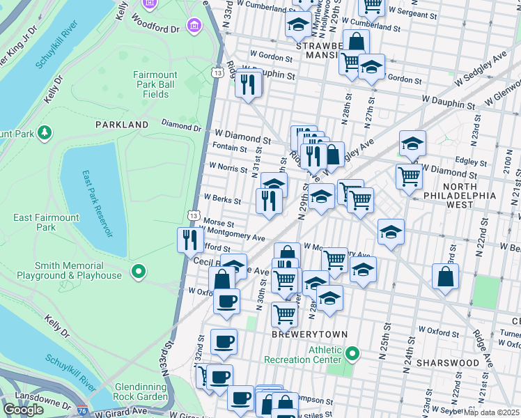 map of restaurants, bars, coffee shops, grocery stores, and more near 3030 West Berks Street in Philadelphia