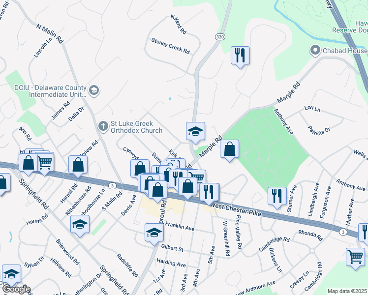 map of restaurants, bars, coffee shops, grocery stores, and more near 2600 Sunset Boulevard in Broomall