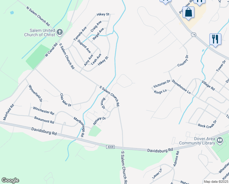 map of restaurants, bars, coffee shops, grocery stores, and more near 4601 South Salem Church Road in Dover