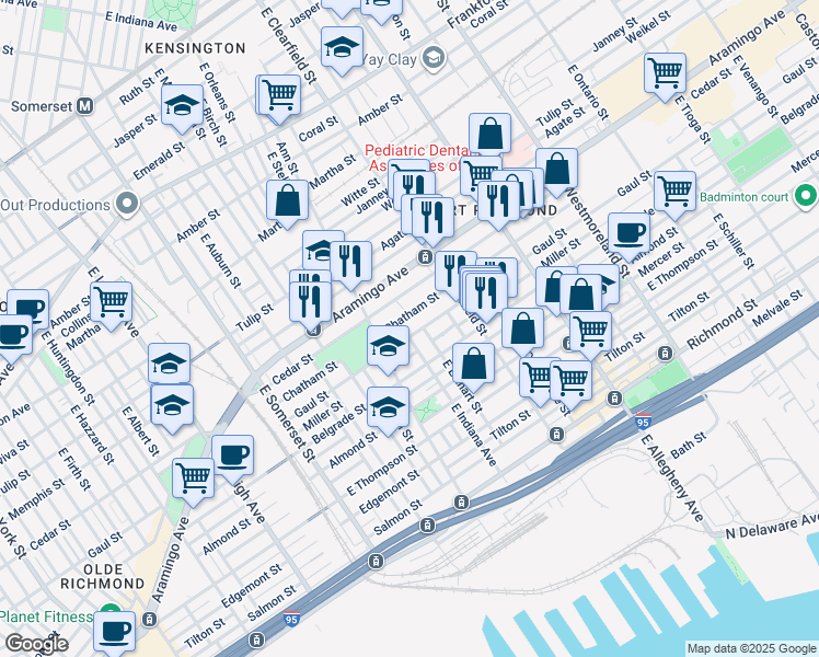 map of restaurants, bars, coffee shops, grocery stores, and more near 2439 East Indiana Avenue in Philadelphia