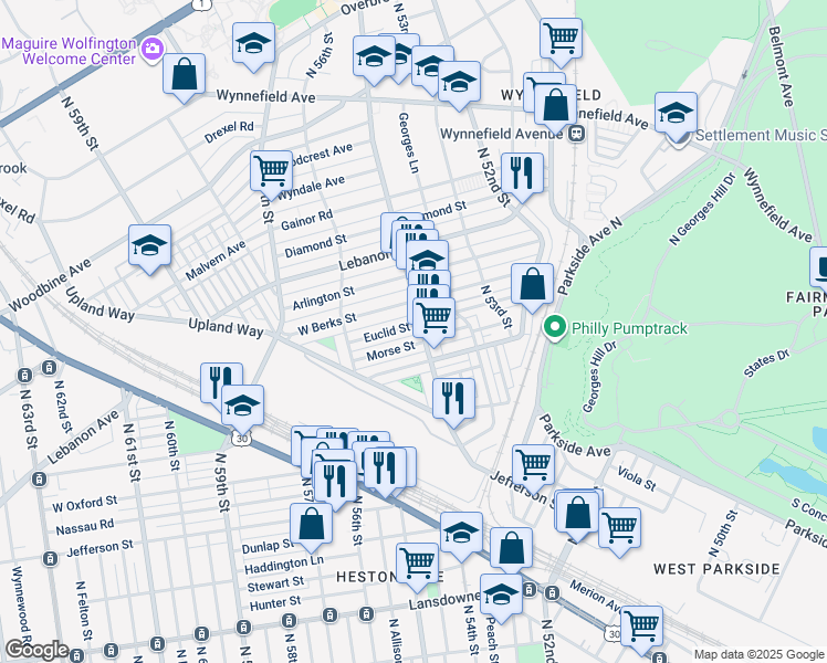 map of restaurants, bars, coffee shops, grocery stores, and more near 5404 Euclid St in Philadelphia