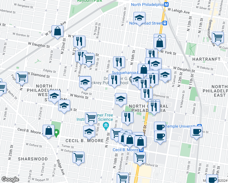 map of restaurants, bars, coffee shops, grocery stores, and more near 2036 North 17th Street in Philadelphia