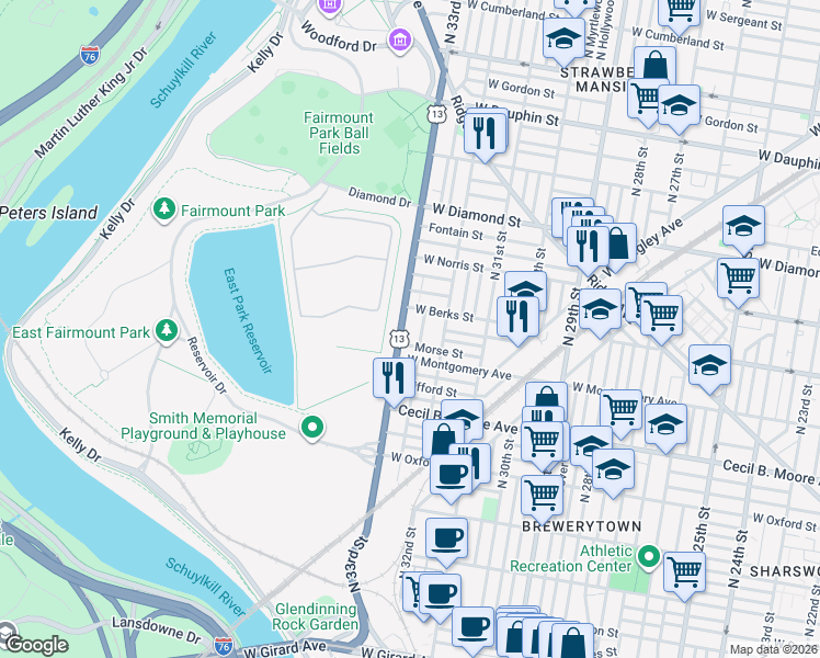 map of restaurants, bars, coffee shops, grocery stores, and more near 1847 North 33rd Street in Philadelphia