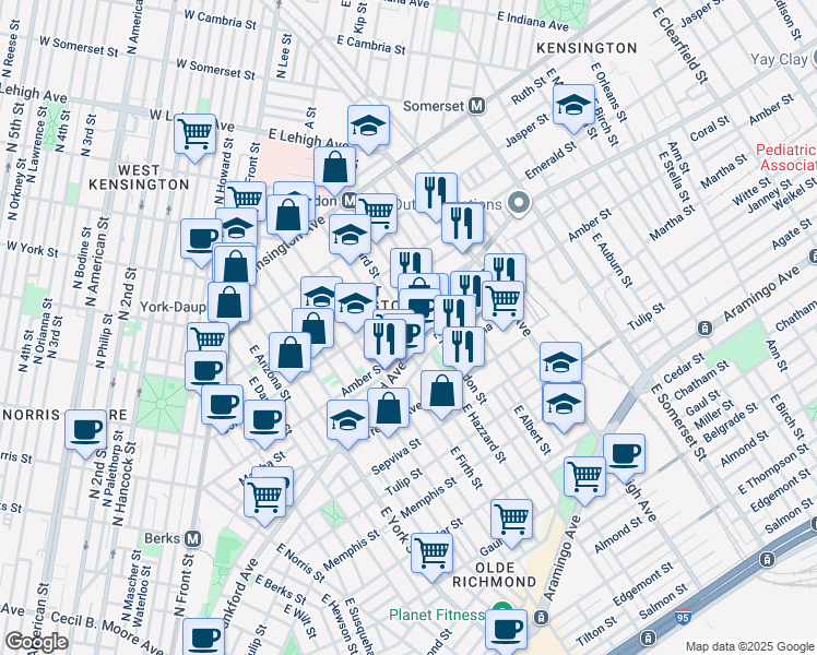 map of restaurants, bars, coffee shops, grocery stores, and more near 2551 Kern Street in Philadelphia