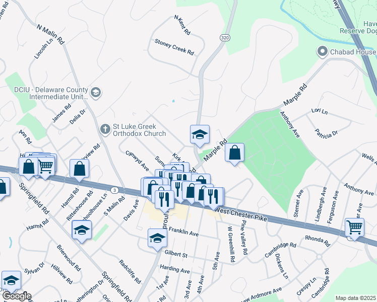 map of restaurants, bars, coffee shops, grocery stores, and more near 2600 Sunset Boulevard in Broomall