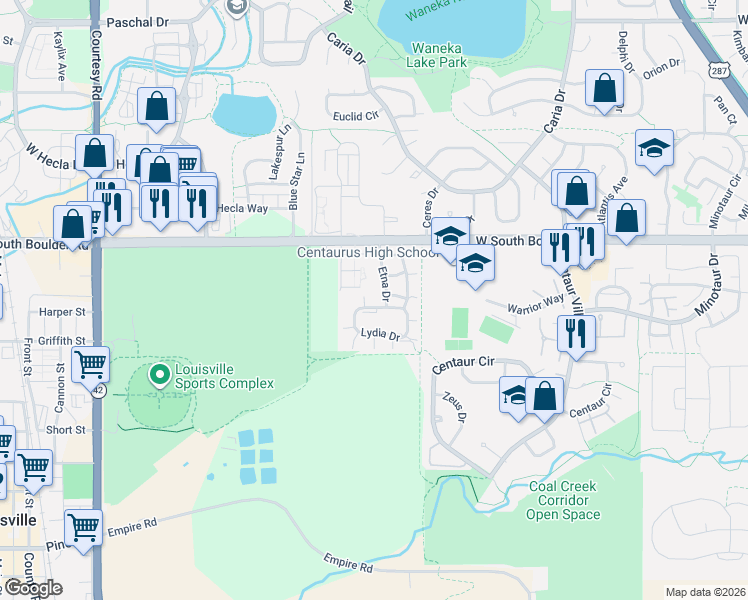 map of restaurants, bars, coffee shops, grocery stores, and more near 1402 Etna Drive in Lafayette