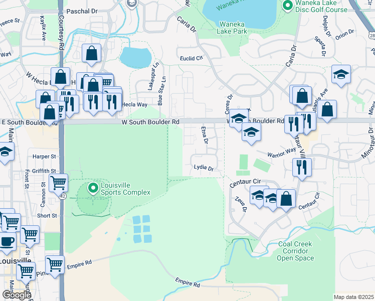 map of restaurants, bars, coffee shops, grocery stores, and more near 1390 Cimarron Drive in Lafayette
