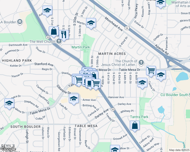 map of restaurants, bars, coffee shops, grocery stores, and more near 600 South Broadway in Boulder