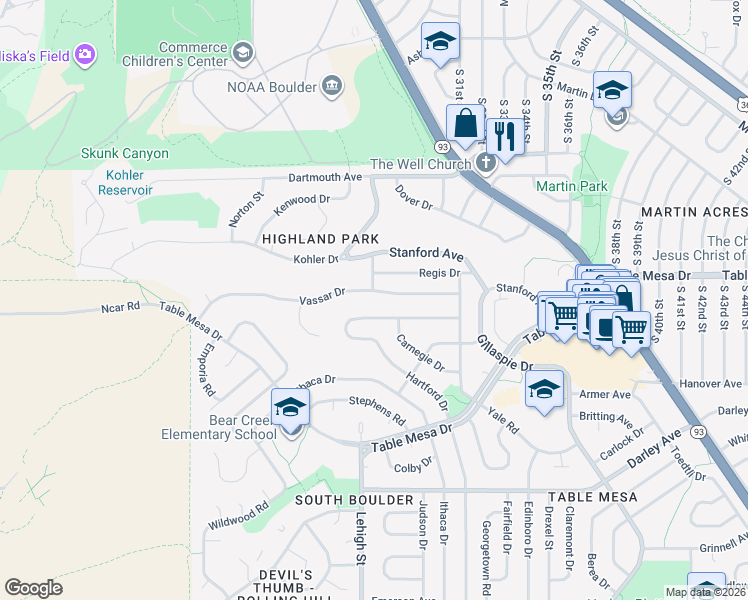 map of restaurants, bars, coffee shops, grocery stores, and more near 2605 Vassar Drive in Boulder