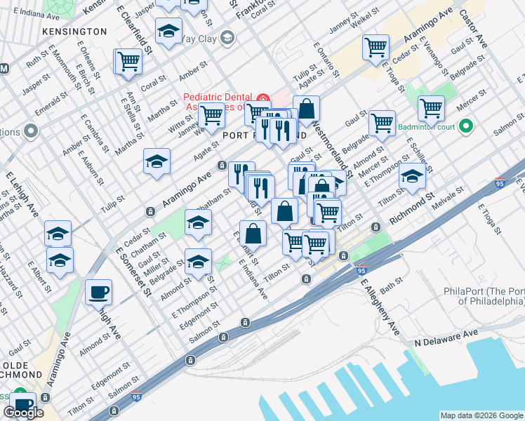 map of restaurants, bars, coffee shops, grocery stores, and more near 2541 East Clearfield Street in Philadelphia