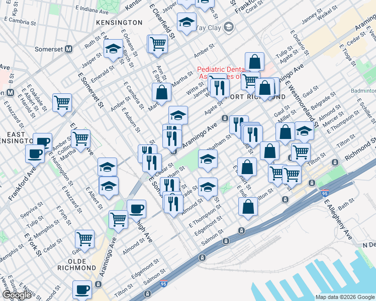 map of restaurants, bars, coffee shops, grocery stores, and more near 2942 Aramingo Avenue in Philadelphia