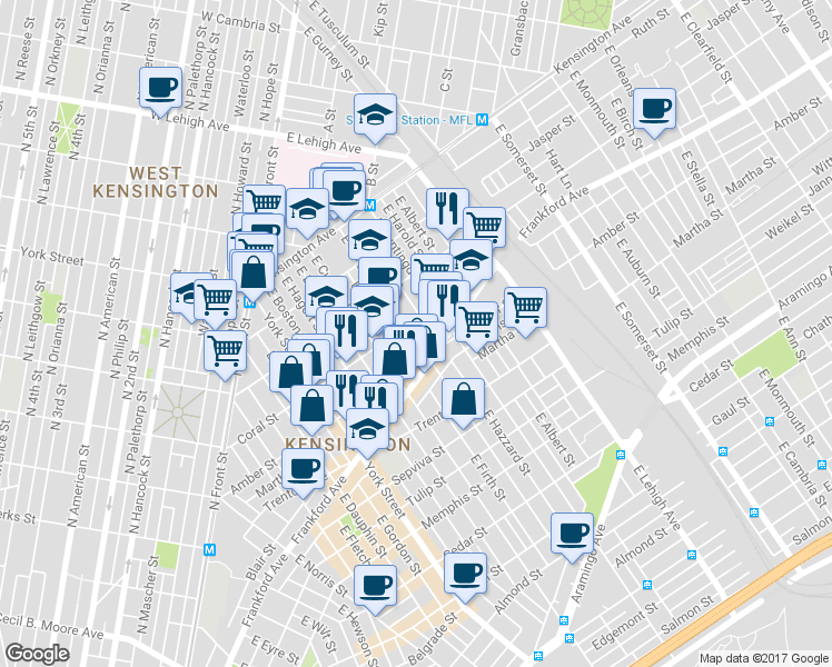 map of restaurants, bars, coffee shops, grocery stores, and more near 2033 East Sergeant Street in Philadelphia