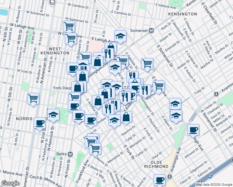 map of restaurants, bars, coffee shops, grocery stores, and more near 2007 East Cumberland Street in Philadelphia