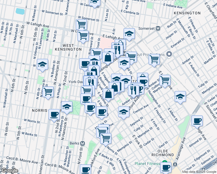 map of restaurants, bars, coffee shops, grocery stores, and more near 2444 Emerald Street in Philadelphia