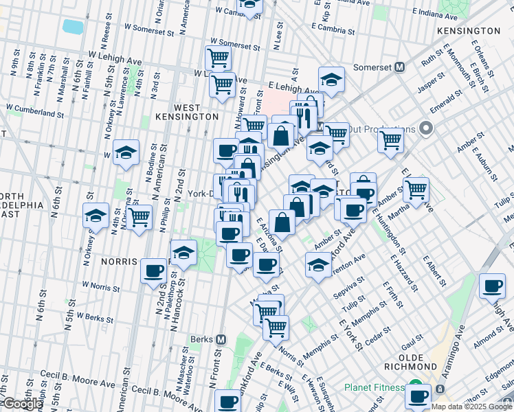map of restaurants, bars, coffee shops, grocery stores, and more near 2421 Jasper Street in Philadelphia