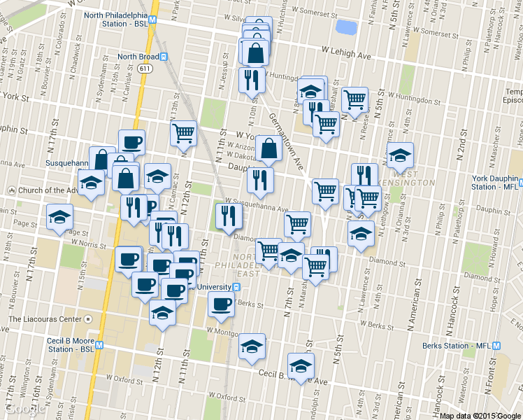 map of restaurants, bars, coffee shops, grocery stores, and more near 2209 North Delhi Street in Philadelphia