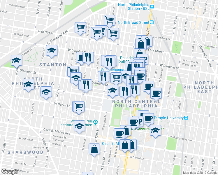 map of restaurants, bars, coffee shops, grocery stores, and more near in Philadelphia