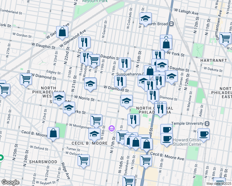 map of restaurants, bars, coffee shops, grocery stores, and more near 1717 Fr. P. Washington Avenue in Philadelphia