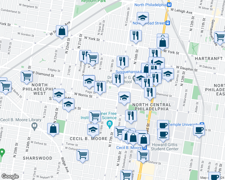 map of restaurants, bars, coffee shops, grocery stores, and more near 1717 Fr. P. Washington Avenue in Philadelphia