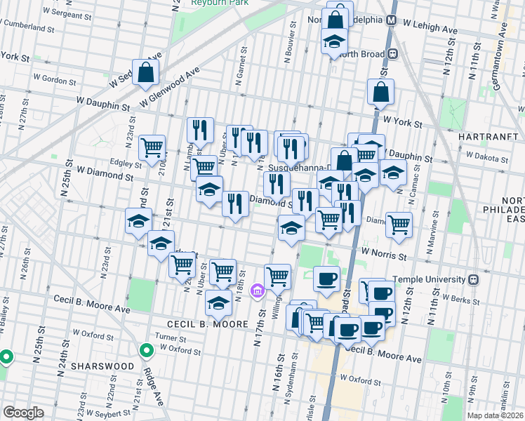 map of restaurants, bars, coffee shops, grocery stores, and more near 1717 Fr. P. Washington Avenue in Philadelphia