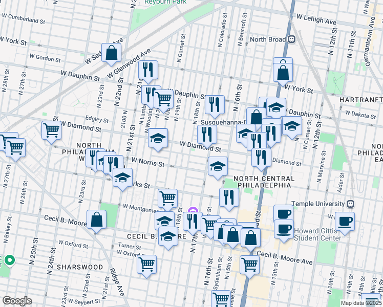 map of restaurants, bars, coffee shops, grocery stores, and more near in Philadelphia