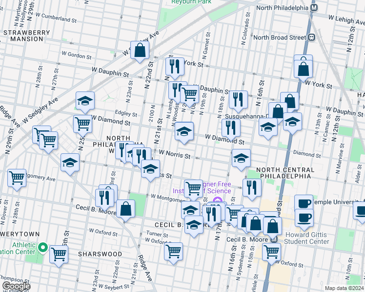 map of restaurants, bars, coffee shops, grocery stores, and more near 2042 North 20th Street in Philadelphia