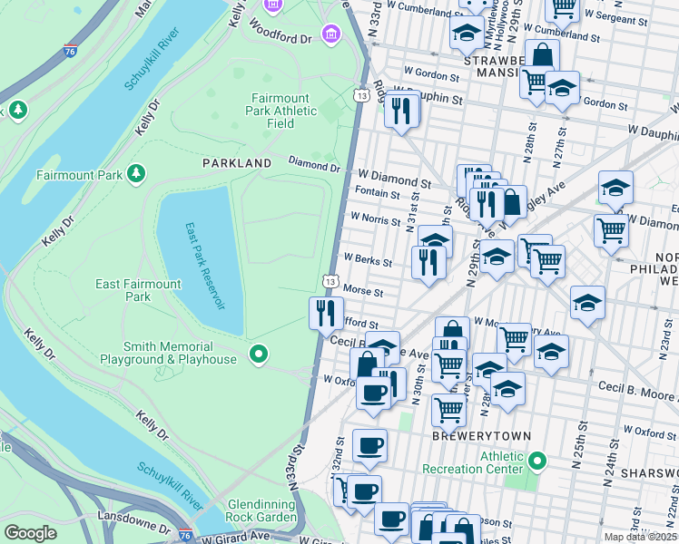 map of restaurants, bars, coffee shops, grocery stores, and more near 1847 North 33rd Street in Philadelphia