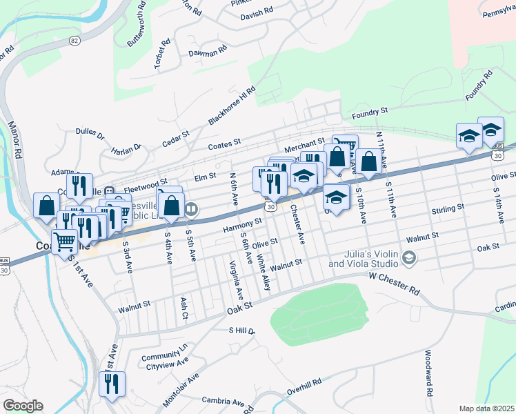 map of restaurants, bars, coffee shops, grocery stores, and more near 643 Lincoln Highway East in Coatesville