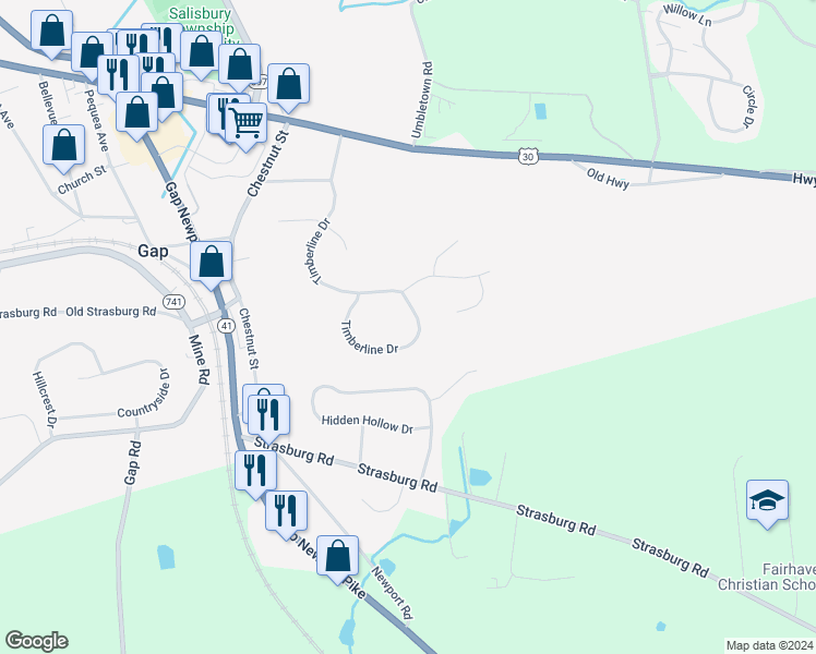 map of restaurants, bars, coffee shops, grocery stores, and more near 892 Timberline Drive in Gap
