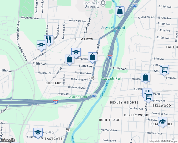 map of restaurants, bars, coffee shops, grocery stores, and more near 2323 East 5th Avenue in Columbus