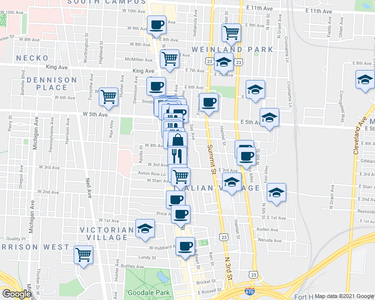 map of restaurants, bars, coffee shops, grocery stores, and more near 1130 Mount Pleasant Avenue in Columbus