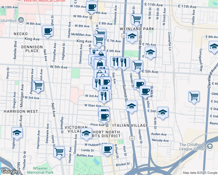 map of restaurants, bars, coffee shops, grocery stores, and more near 1130 Mount Pleasant Avenue in Columbus