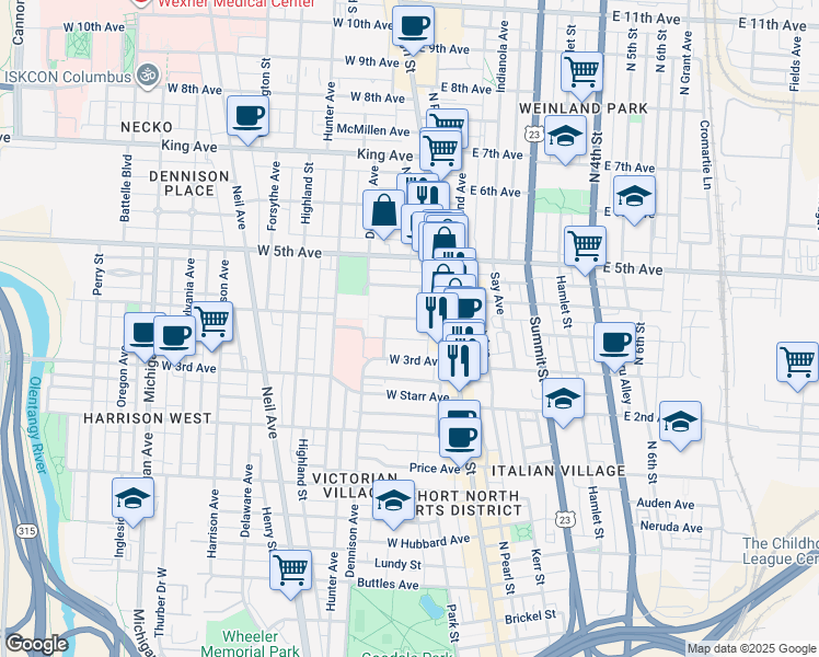 map of restaurants, bars, coffee shops, grocery stores, and more near 57 West 4th Avenue in Columbus
