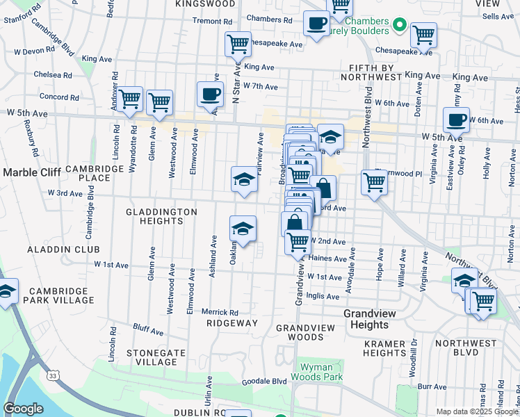 map of restaurants, bars, coffee shops, grocery stores, and more near 1558 West 3rd Avenue in Columbus
