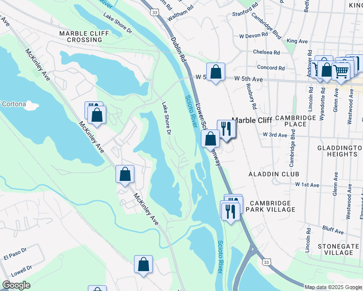 map of restaurants, bars, coffee shops, grocery stores, and more near 1481 Cliff Court in Columbus