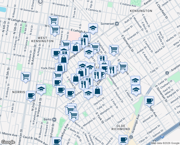 map of restaurants, bars, coffee shops, grocery stores, and more near 2007 East Cumberland Street in Philadelphia