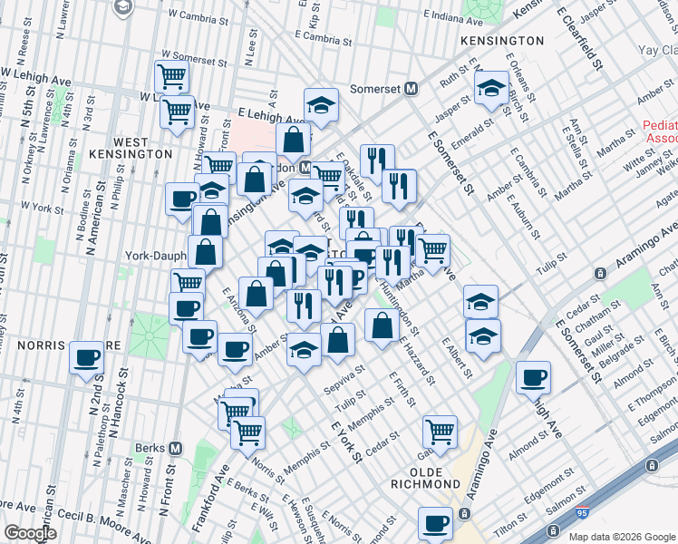 map of restaurants, bars, coffee shops, grocery stores, and more near 2033 East Sergeant Street in Philadelphia