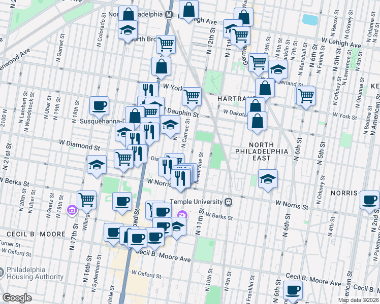 map of restaurants, bars, coffee shops, grocery stores, and more near in Philadelphia
